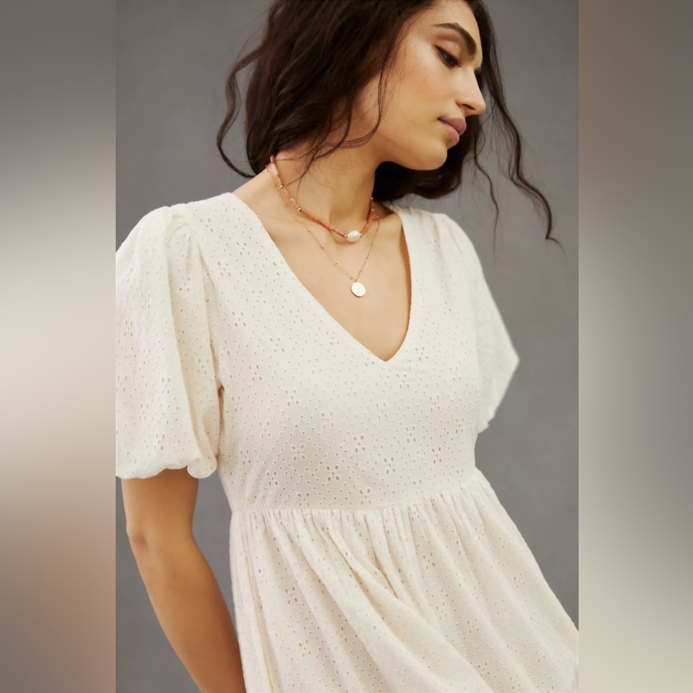 MOTHER Cotton Eyelet Puff Sleeve V-Neck Maxi Dress - Picture 3 of 9